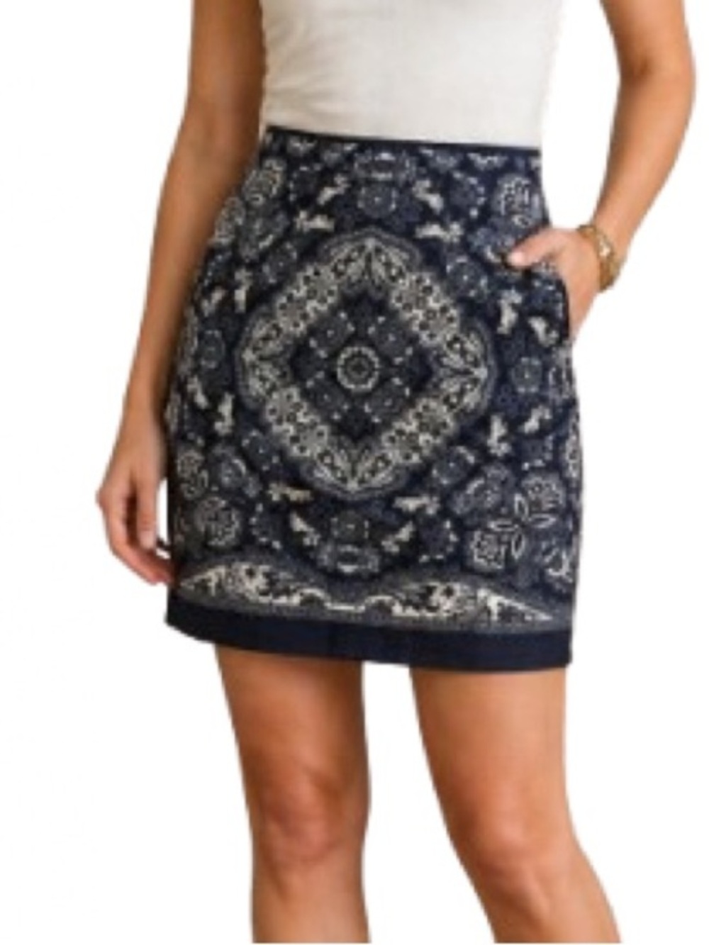 Ann Taylor - LOFT Navy White Silk Cotton Paisley Mini Skirt Fully Lined Size 0
